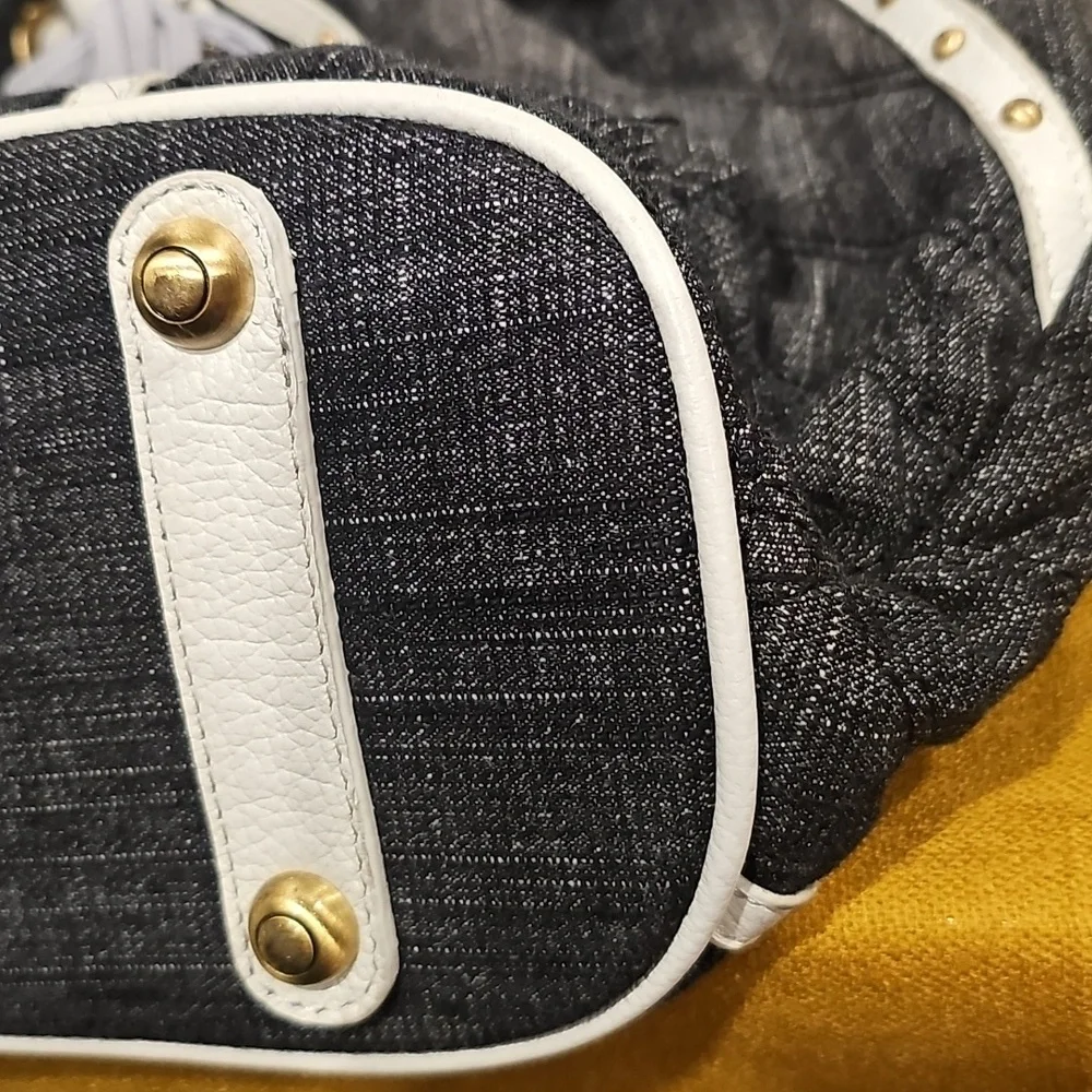 Sharif Quilted Black Denim Fabric & Braided Leather Straps Shoulder Bag NWOT